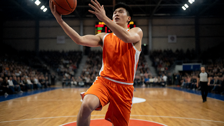 篮球比赛现场，球员在球场上完成进攻配合