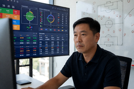 数据分析屏幕前展示比赛统计图表与战术板